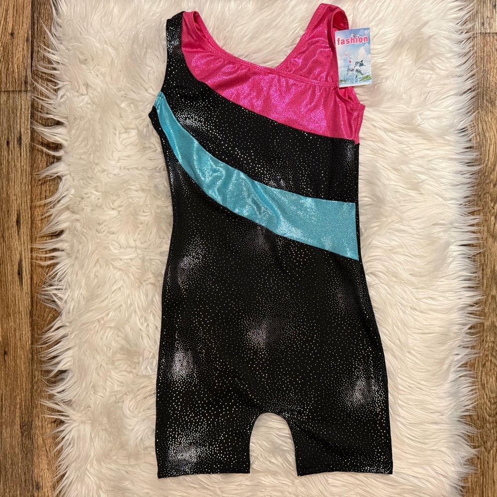 Girls Sparkle‎ Gymnastics Dance Unitard Leotard Biketard Black Pink Sz 160 12–14